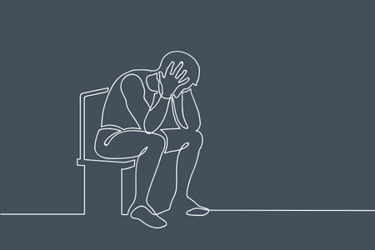 Sad, unhappy man sitting and holding his head. Depression concept. Continuous line drawing. Illustration on gloomy gray background